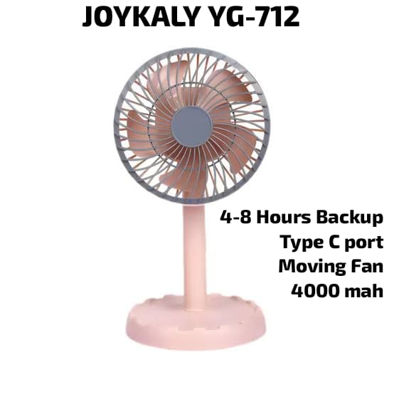 JOYKALY YG-712 Rechargeable 4000 mAh Lithium Battery Strong Wind Table Fan 5-8 Hours Backup moving fan. 