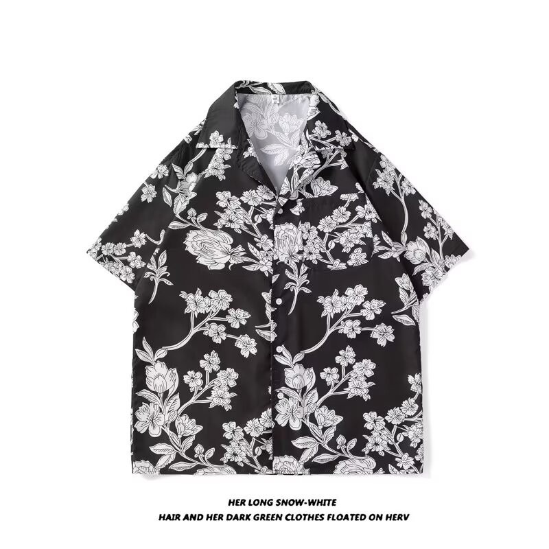 White flowers in the dark of the night, printed shirts, men's low-key Cuban collar shirts, casual seaside resort temperament tops