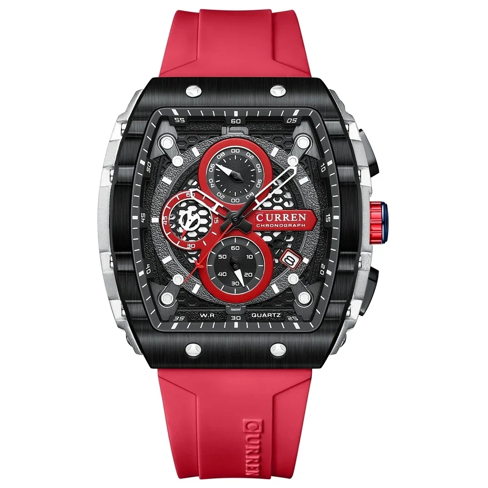 CURREN 8442 Multi-function Chronograph Men Watch Silicone Band Sports Luminous Calendar Quartz Watches-Red. 