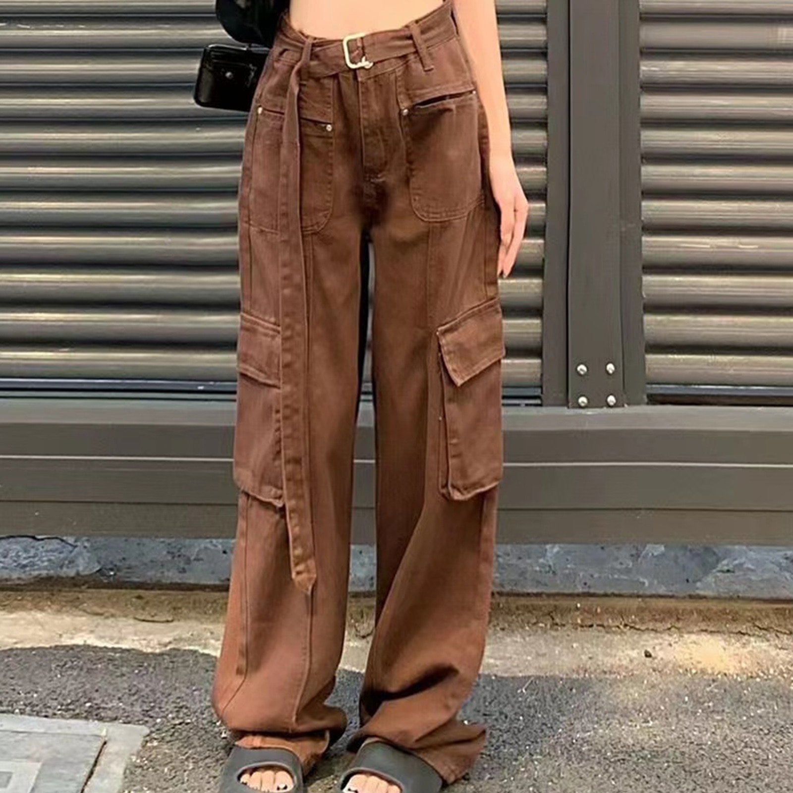 パンツ 90s brown wide cargo pants Green Cargo Pants Women New Baggy Jeans Oversize Pocket Chic