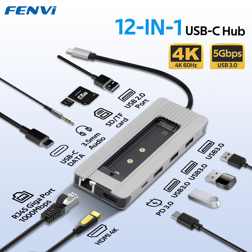 FENVI 12 in 1 Type-C Hub Docking Station M.2 SSD Enclosure Function SD TF Card PD 100W with HDMI 4K 1000M Ethernet For Mac iPad. 