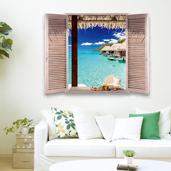 3D Window View Beach Resort Removable Wall Sticker Art Decal DIY Room Decor. 