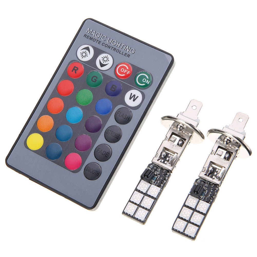 FG Colorful H1 5050 12SMD RGB LED Car Headlight Fog Light Lamp With Remote Control. 