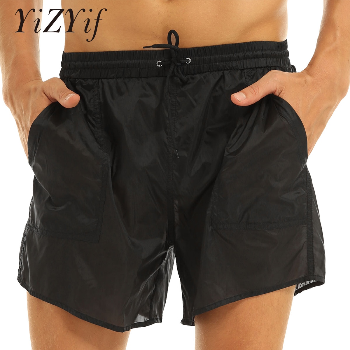 Transparent Swimwear Mens Swim Shorts Solid Drawstring Quick Dry Beach Shorts Man Swimming Trunks with Bulit-in Mesh Briefs