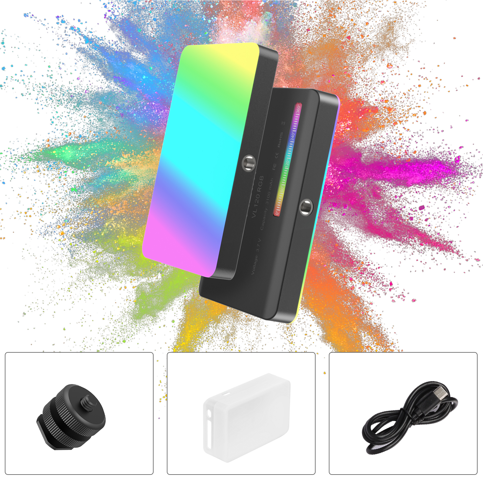 Ulanzi VL120 RGB Mini LED Video Light 2500K-9000K Photography Fill-in Light Dimmable CRI95+ 20 Lighting Effects Built-in Recharge-able Ba-tte-ry with Silicon Diffuser Cold Shoe Mount Adapter for Vlog Live Broadcast Portraits Weddings Photography. 