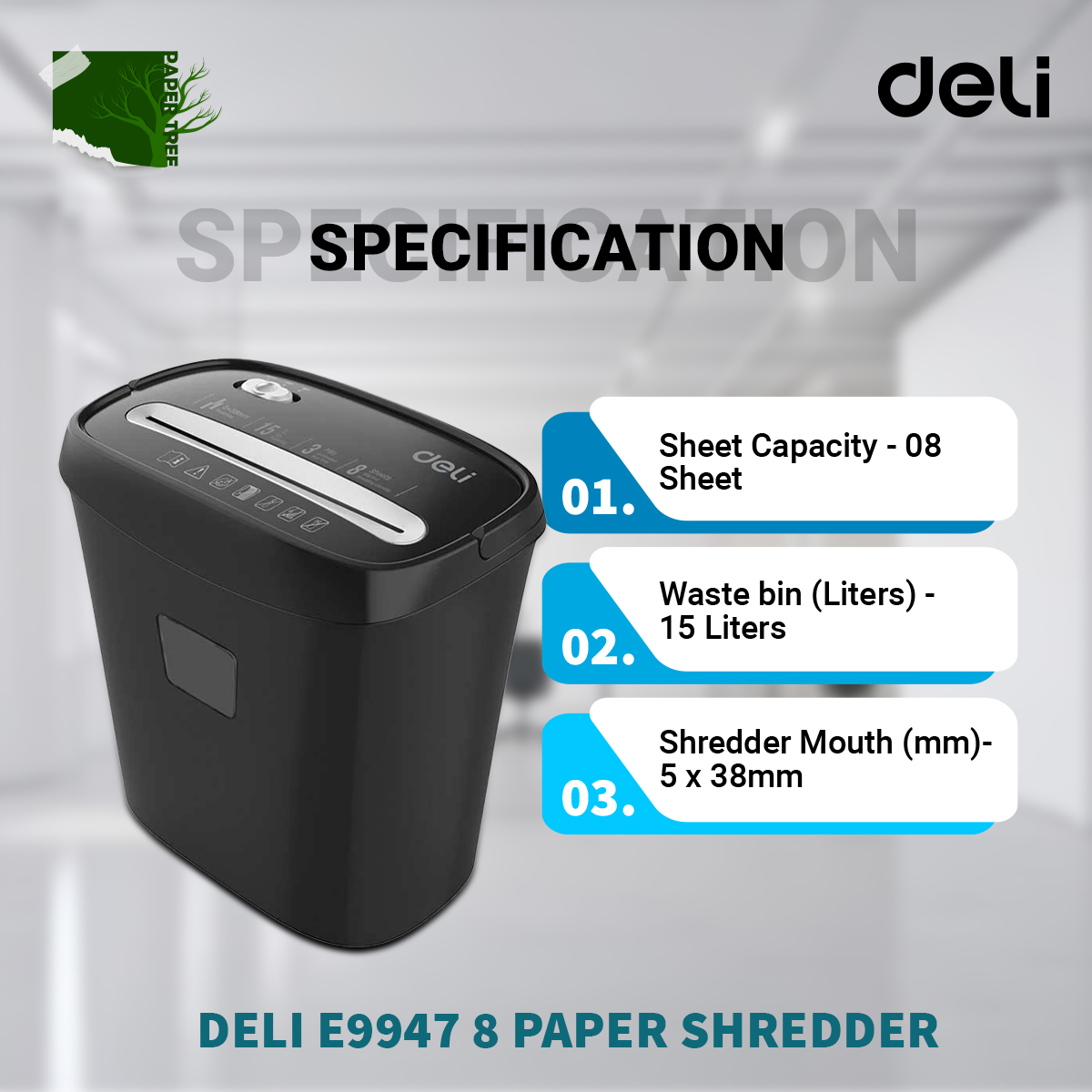 Deli E9947 8 Sheet Black Paper Shredder. 