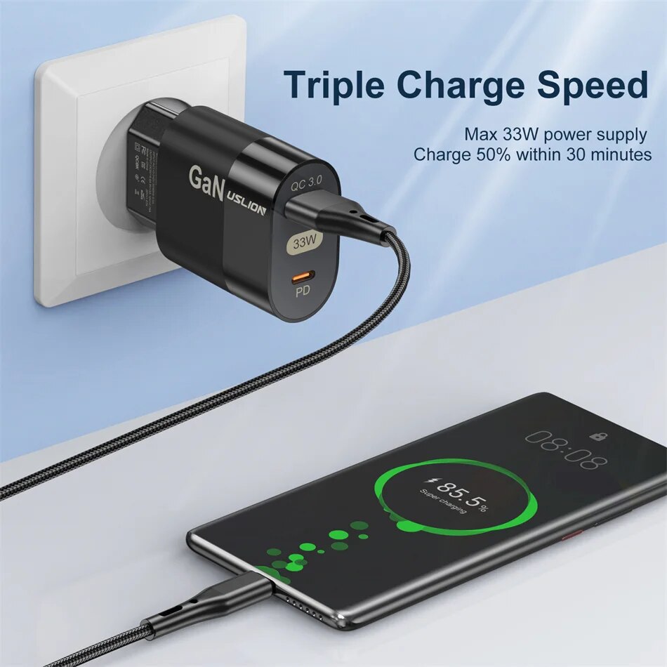 USLION Korea Plug USB C Charger 33W GaN Type C PD Fast Charging For iPhone 15 14 13 12 11 Pro Max For iPad Pro Air iPad Samsung. 