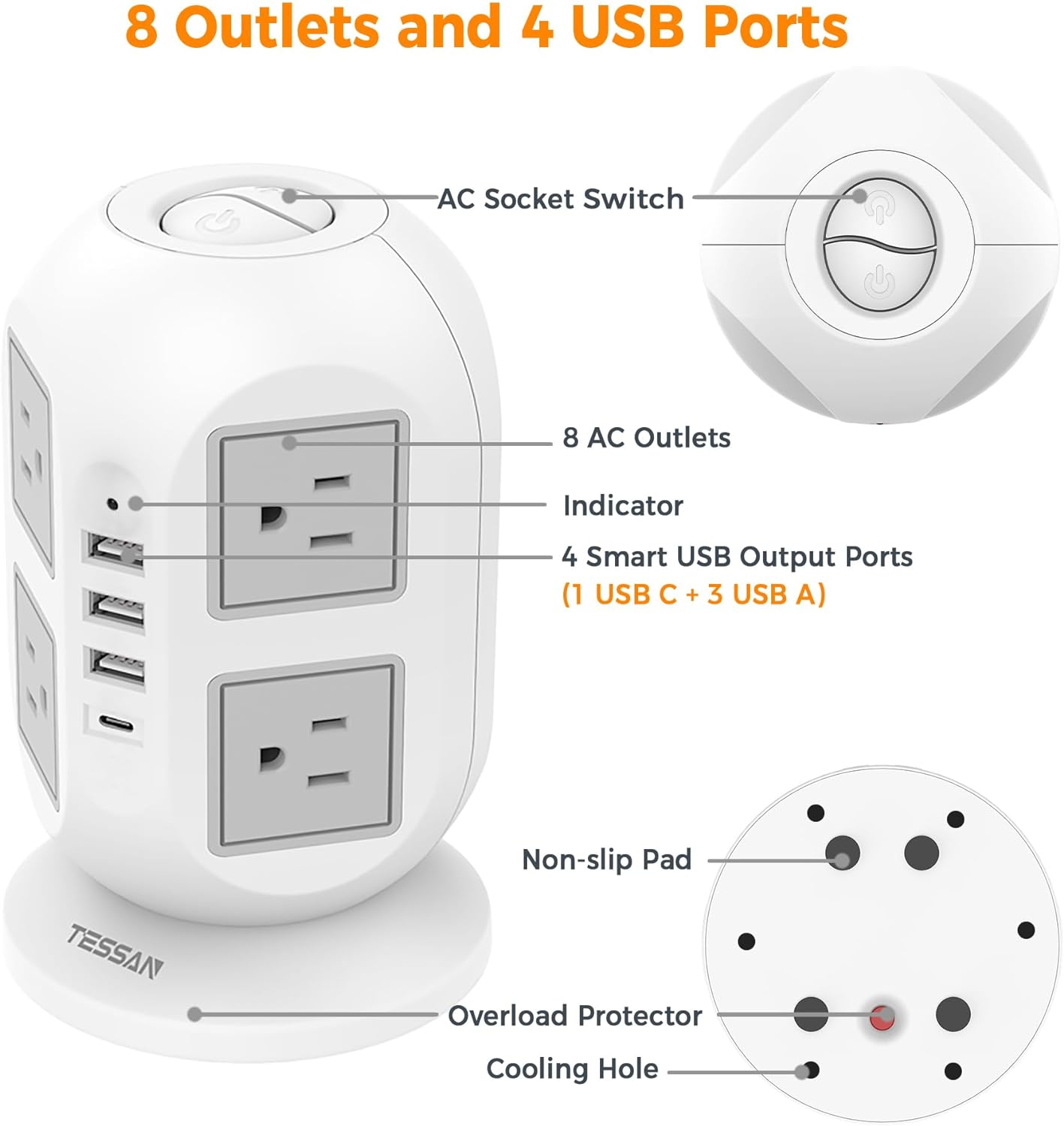 TESSAN Tower Surge Protector Power Strip with 8 Outlets 3 USB Ports 1 Type C 10ft Ultra Thin Flat Extension Cord for Home Office. 