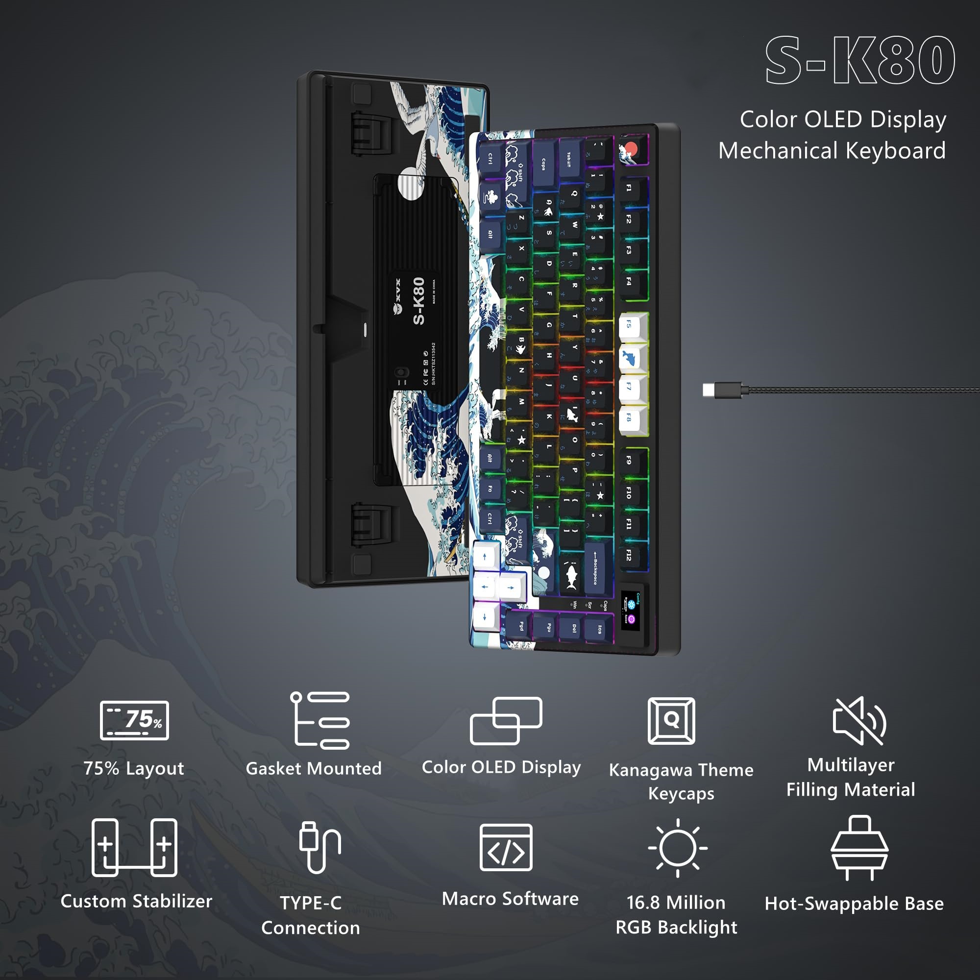 WOMIER Gasket Mount Wired Mechanical Gaming Keyboard With Smart Display S-K80 75% Hot Swappable Keyboard for PC Computer Laptop. 