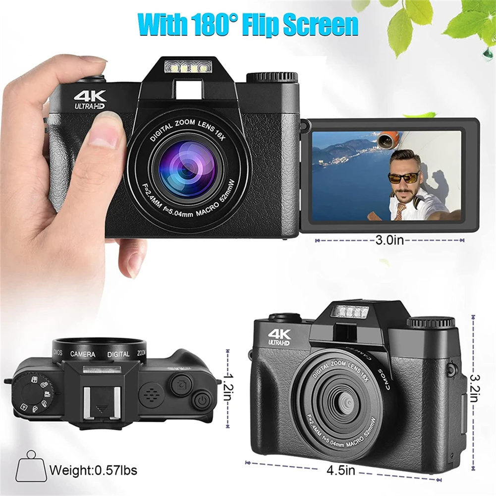 GC Professional WiFi Digital Camera 4K Camcorder 3.0 180° Flip Screen & Built-in Battery Selfile Digital Webcam For Beginners Travel. 