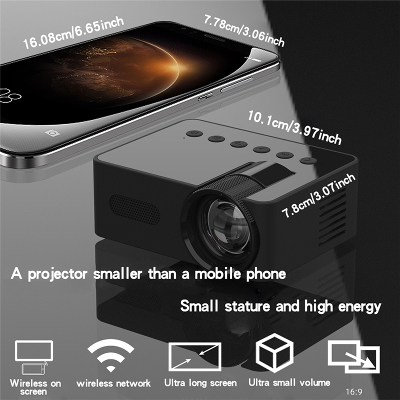 Projector LED HD 1080P Wireless Mobile Phone Mini Projector with Projector Stand Portable Home Theater Video Player, Fine Workmanship -B. 