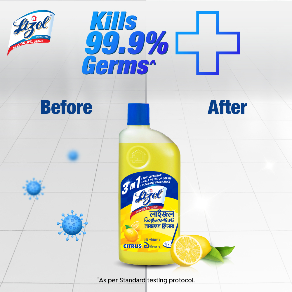 Lizol Disinfectant Floor & Surface Cleaner 1000ml Citrus, Kills 99.9% Germs. 