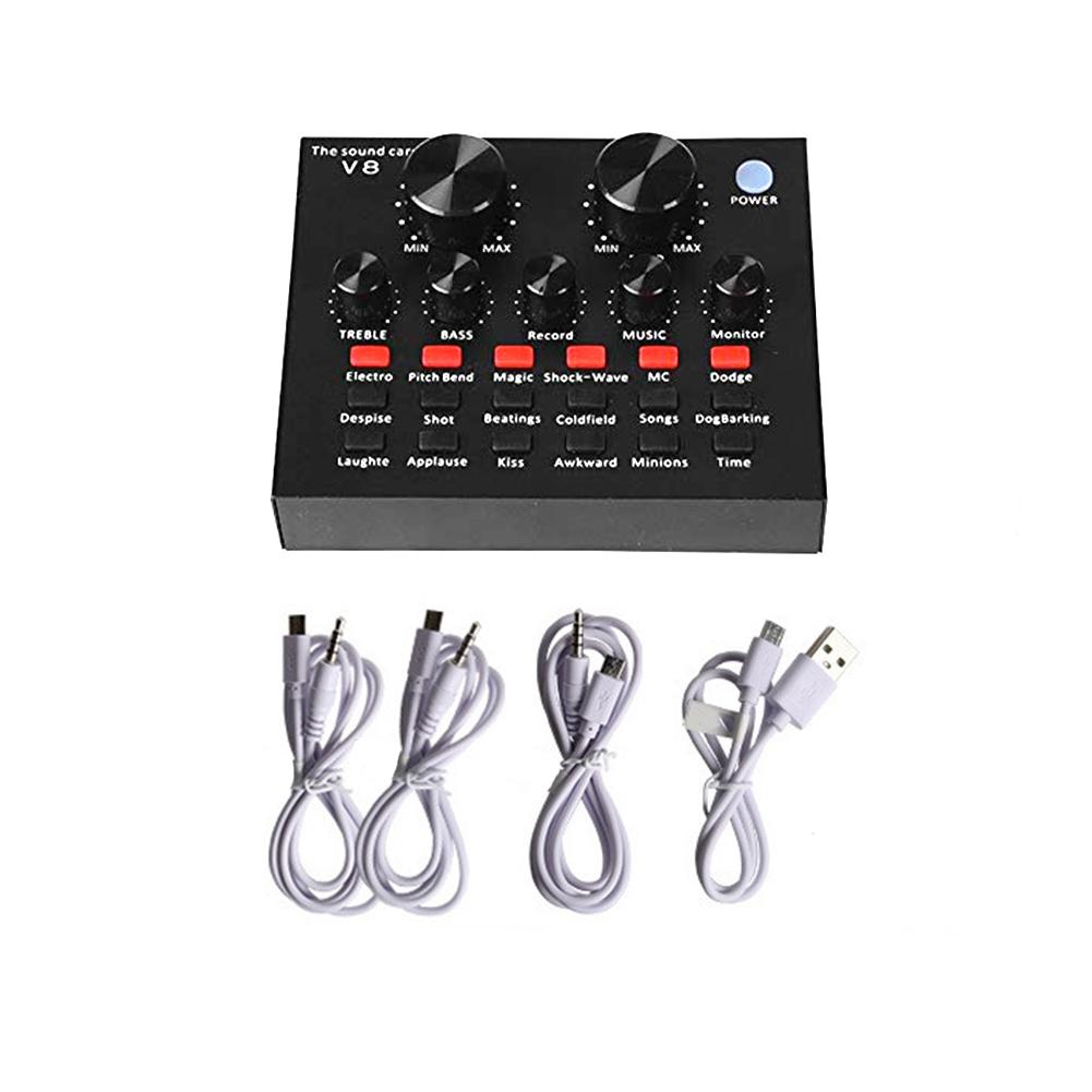 V8 Multifunctional Live Sound Card USB Audio Interface Intelligent Volume Adjustable Audio Mixer Sound Card for Recording Hosting Speech. 