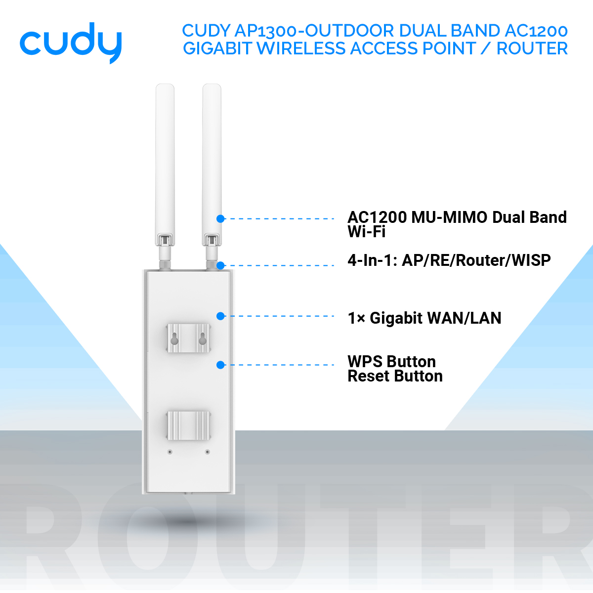 CUDY AP1300-Outdoor Dual Band AC1200 Gigabit Wireless Access Point / Router - AC1200 MU-MIMO Dual Band Wi-Fi - 4-In-1: AP/RE/Router/WISP - Cudy Mesh - IP65, -20~60°C (Ext. -40~65 °C), 8/15 KV Contact/Air ESD + 4 KV Surge/Lightning Protection. 