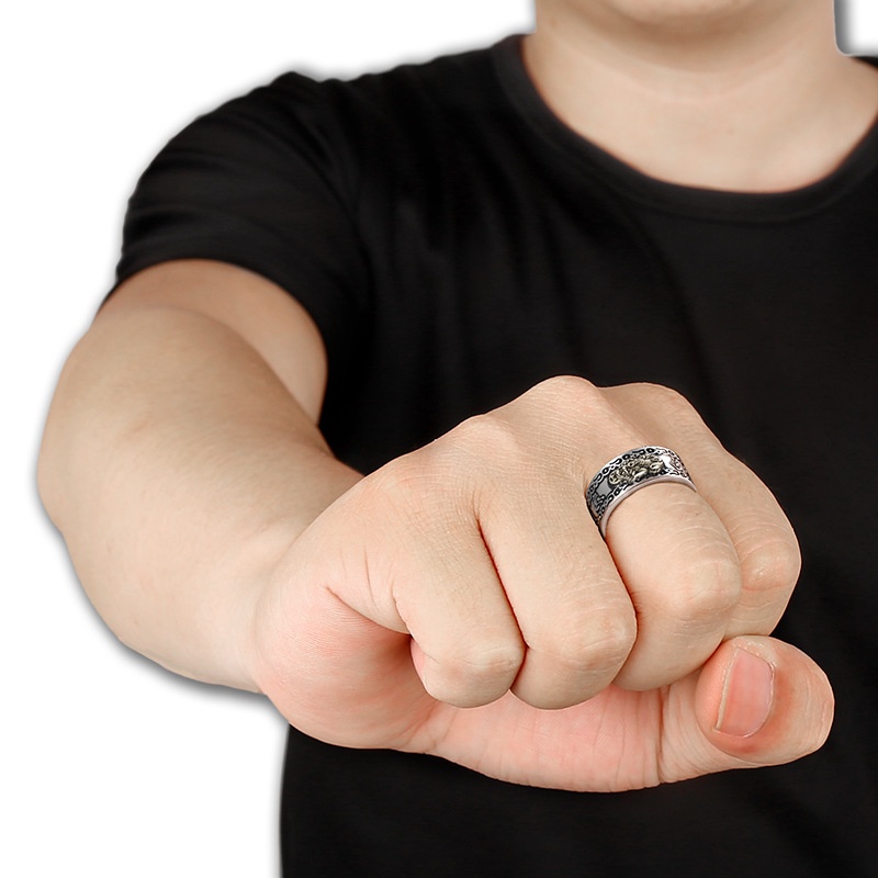 （New）Lucky Feng hui Pixiu Wealth & Protection Ring Buddhit cripture Carving Bleing Ancient Chinee Beat Alloy Open Ring. 