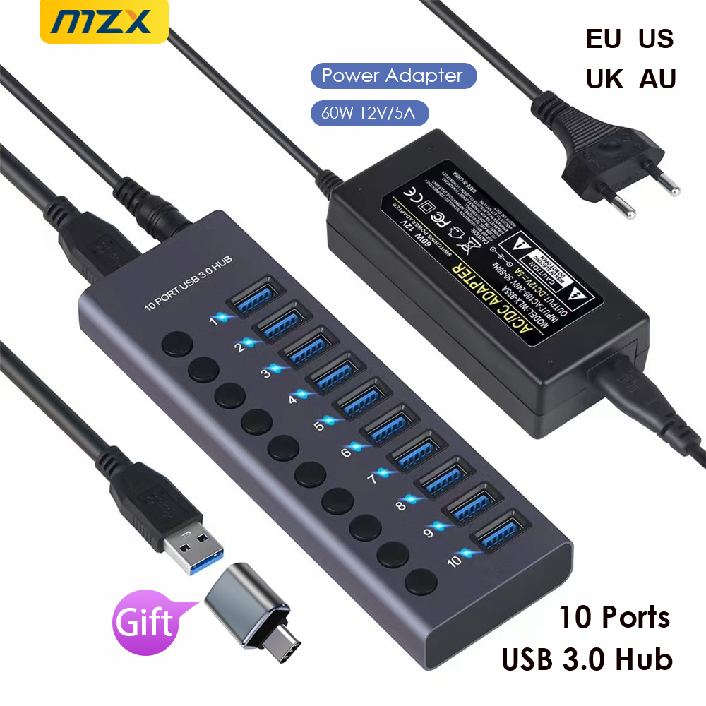 USB 3.0 Hub Socket Switch 10 Port Concentrator Multi-tap Multi-ports Docking Station Charger Multiple Power Supply Multicontacto