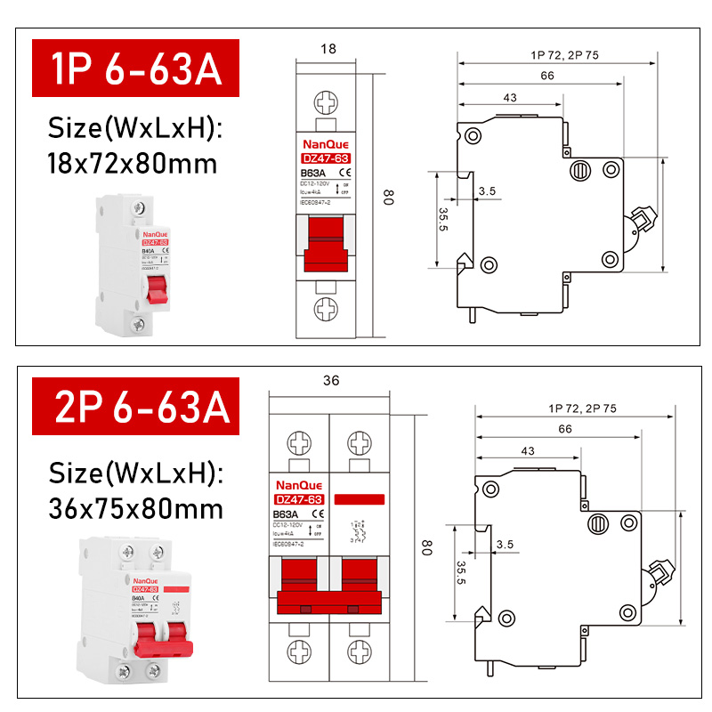 DC MCB 12V 24V 48V 60V 110V Circuit Breaker Battery Protect Switch Positive Negative Short Circuit 2P 10A 20A 50A 100A 125A 150A. 