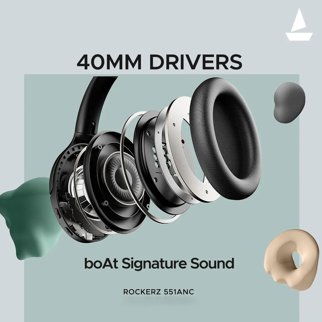 boAt Rockerz 551 ANC Headphones with ENx Noise Cancellation Technology, 100 Hours of Playback, Signature & Balanced Sound Modes, Integrated Controls, and Fast Charging Technology. 