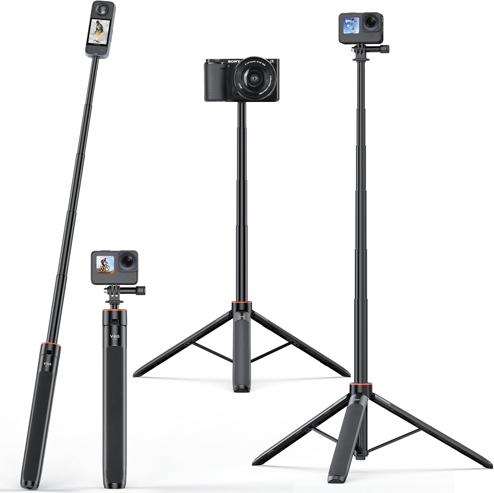 VRIG TP-21 Extendable Selfie Stick Tripod for GoPro Max Hero 10 9 8 7 6 5 4, DJI Osmo Action, Insta 360 One R and More Action Camera（55.1''）