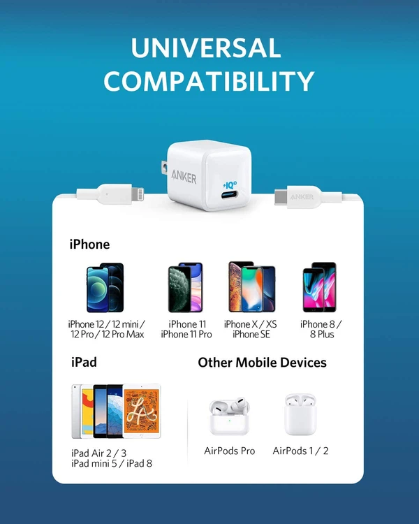 Anker PowerPort III Nano (20W) iQ3 A2633  for iPhone 14/13/12/11/11 Pro/11 Pro Max/XR/XS/X. 