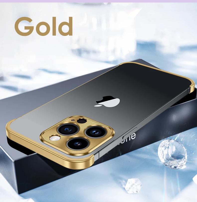 Metal Corner Frameless Bumper Shockproof Case for IPhone 14 15 13 12 Pro Max Plus 14Pro 15Pro Cover with Glass Lens Protector. 