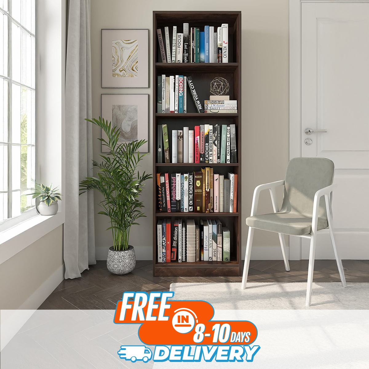 Book Rack with Dustproof And Water Resistant Multifunctional Storage Shelve for Living Room Furniture , Multipurpose Use for Home Office (5 Shelves, Chocolate Finish) 72/18