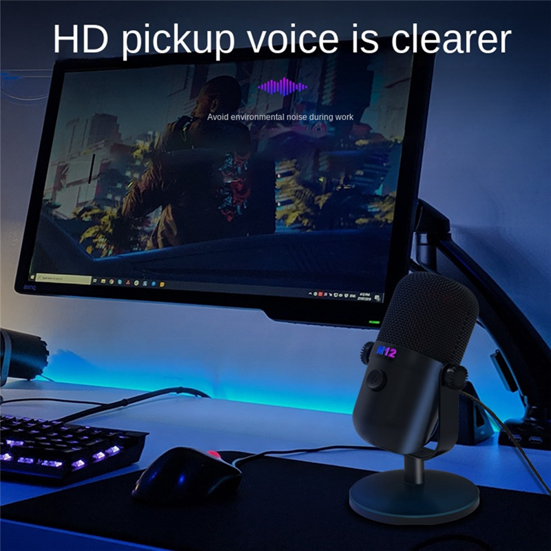 Gaming USB Condenser Microphone Mic with RGB Light/Buttons Mute for PC Gaming Recording Streaming Easy Install Black. 