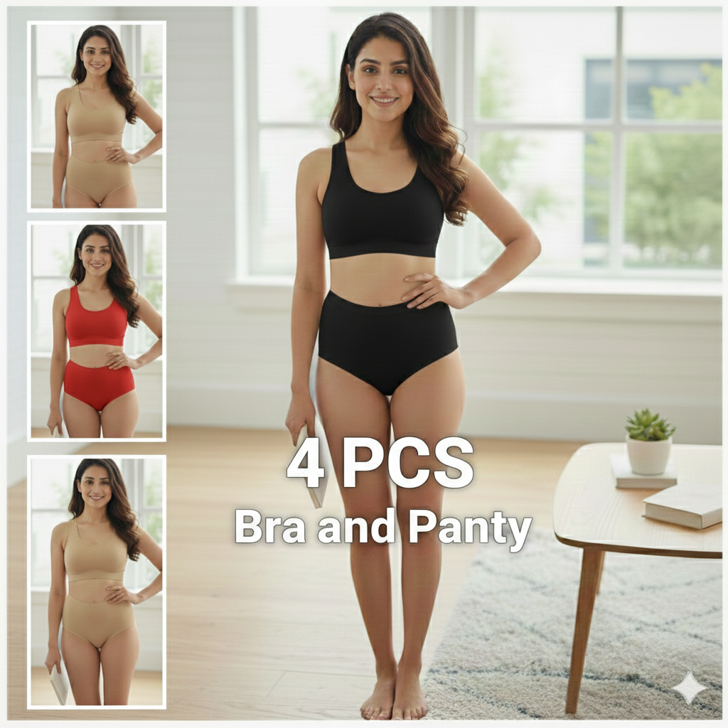 4 Pcs Semis And 4 Pcs Panty Cotton Set For Women Exclusive Set