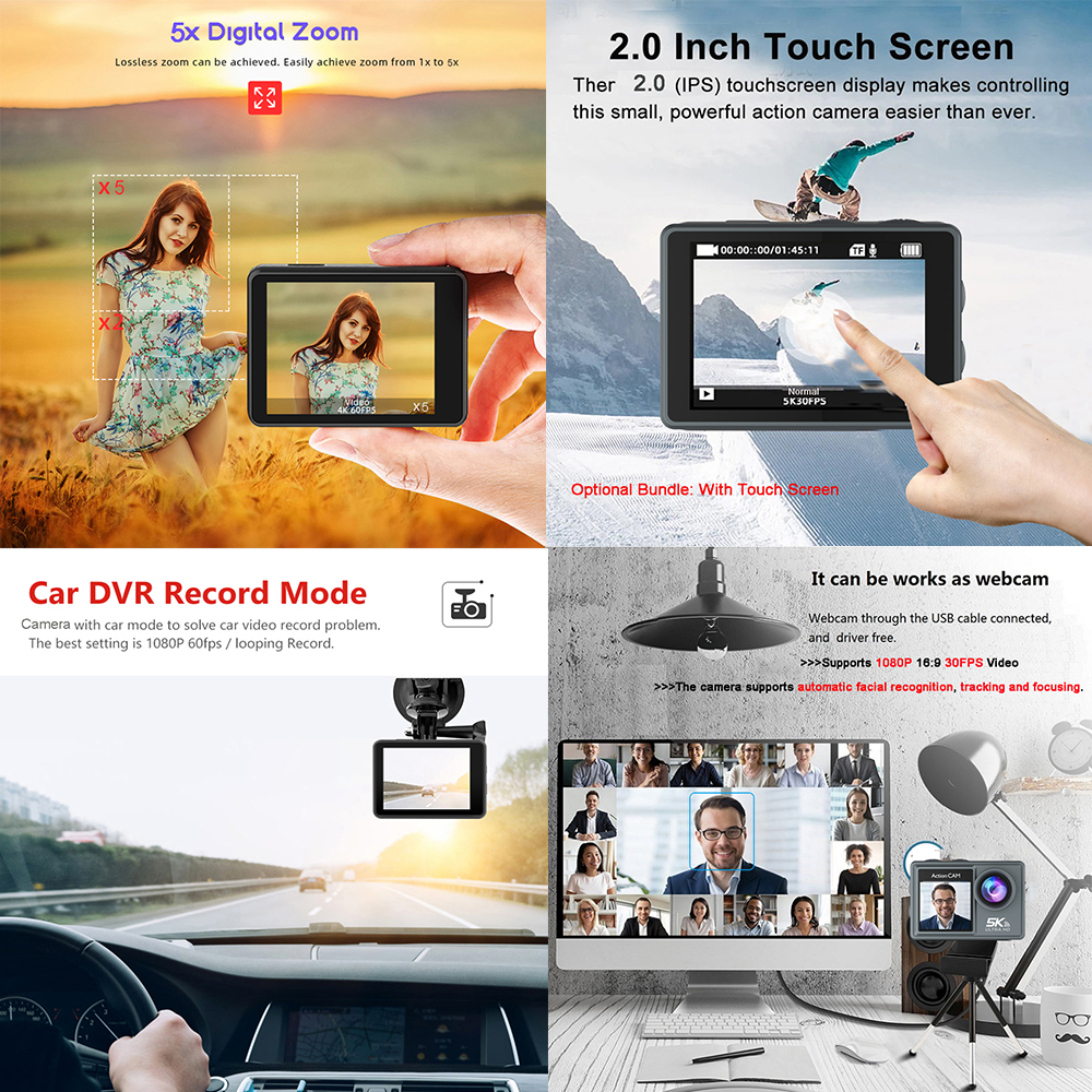 5K 4K60FPS Action Camera Dual IPS Touch LCD DVR EIS 170° 30M Waterproof 5X Zoom Sport Camera With Wireless Mic&Remote Control. 
