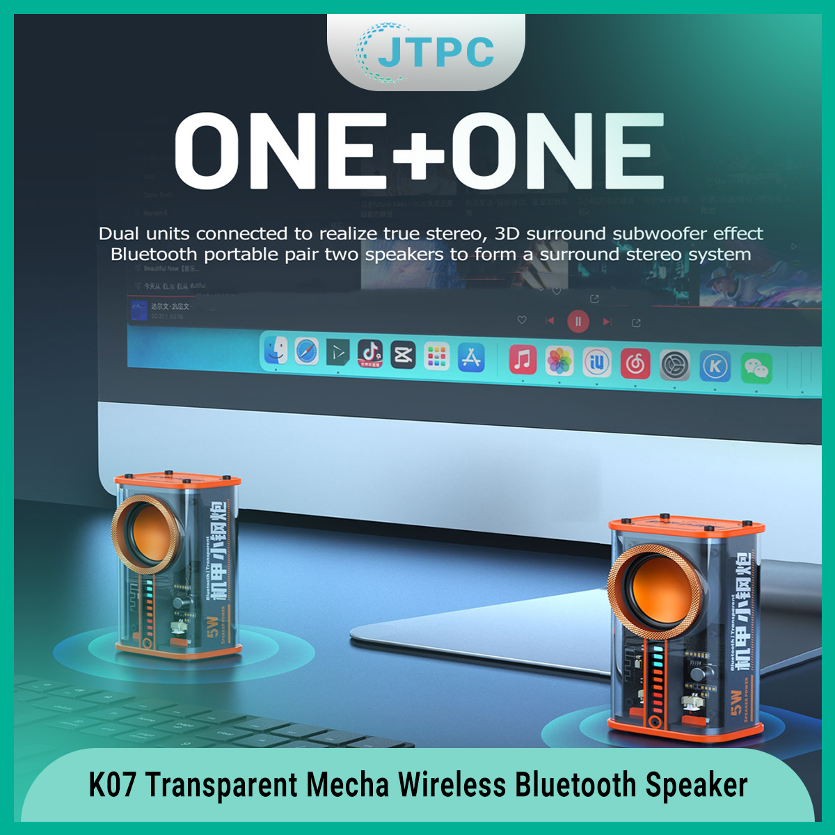 K07 Transparent Mecha Wireless Smart Bluetooth Speaker Sound Light Rhythm Subwoofer TWS Stereo Cyberpunk Music Center Hands-Free Call. 