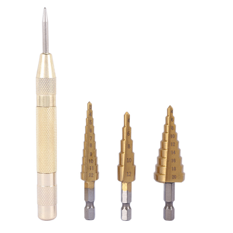 12 Pcs HSS Titanium Step Drill Bit Set & 4 Pcs Automatic Center Punch