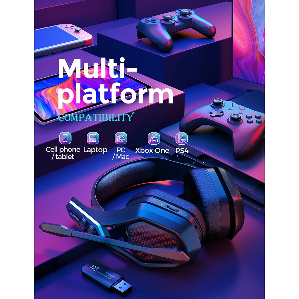 Mpow Iron Pro Wireless Gaming Headset USB/3.5mm Headphone with Noise Canceling Mic 3D Surround 20h Playback for PS5 PS4 PC Gamer.