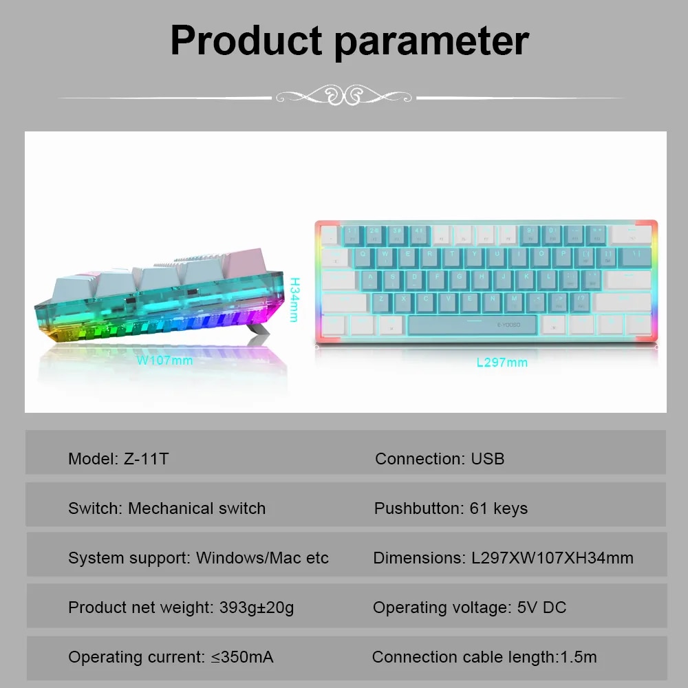 E-YOOSO Z11T USB 60% Mini Mechanical Gaming Keyboard Blue Red Switch 61 Keys Wired detachable cable,portable for travel computer. 