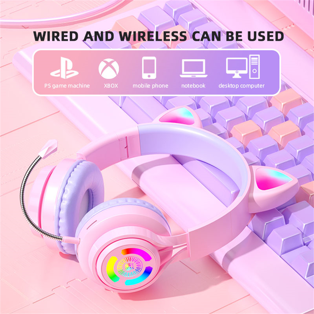 Bluetooth Game Headsets with Microphone 3.5mm Audio Line Cat Helmet Wireless Hands Free Ear Music Game Headset Flash LED Light. 