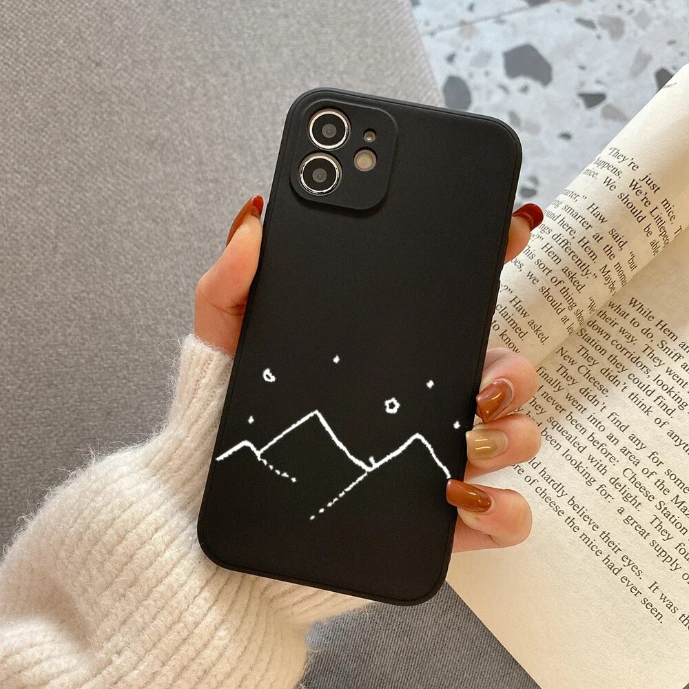 Simple Sun Moon Couple Phone Case for IPhone 11 12 13 14 15 Pro Max XR X XS SE2 7 8 Plus Line Mountain Scenery Matte Cover Shell. 