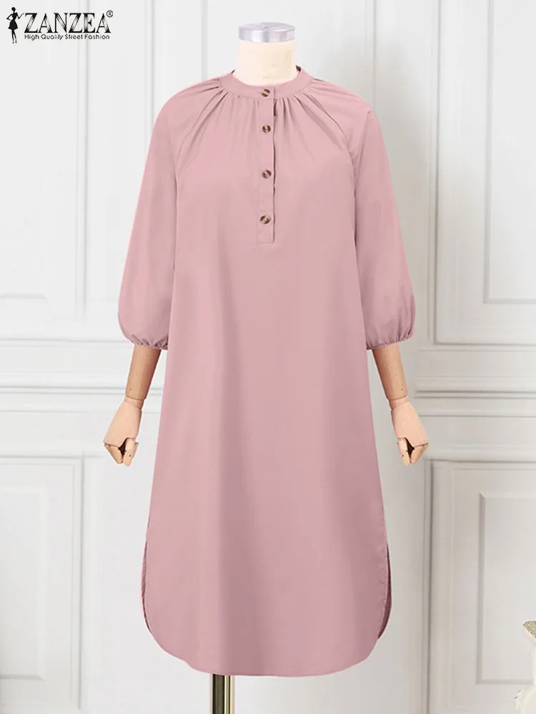 Women 3/4 Sleeve Split Hem Long Shirt Autumn Abaya Hijab Tops Tunic Fashion Islamic Clothing Solid Muslim Blouse. 