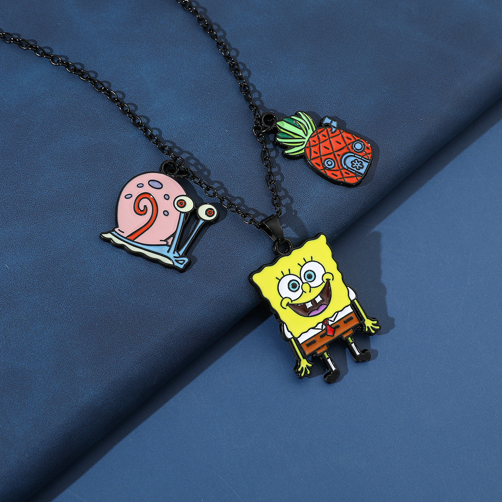 Spongebob Squarepants Metal Keychain Necklace Set Gary the Snail Pineapple House Enamel Pendant Key Chain Car Keyholder for Men. 