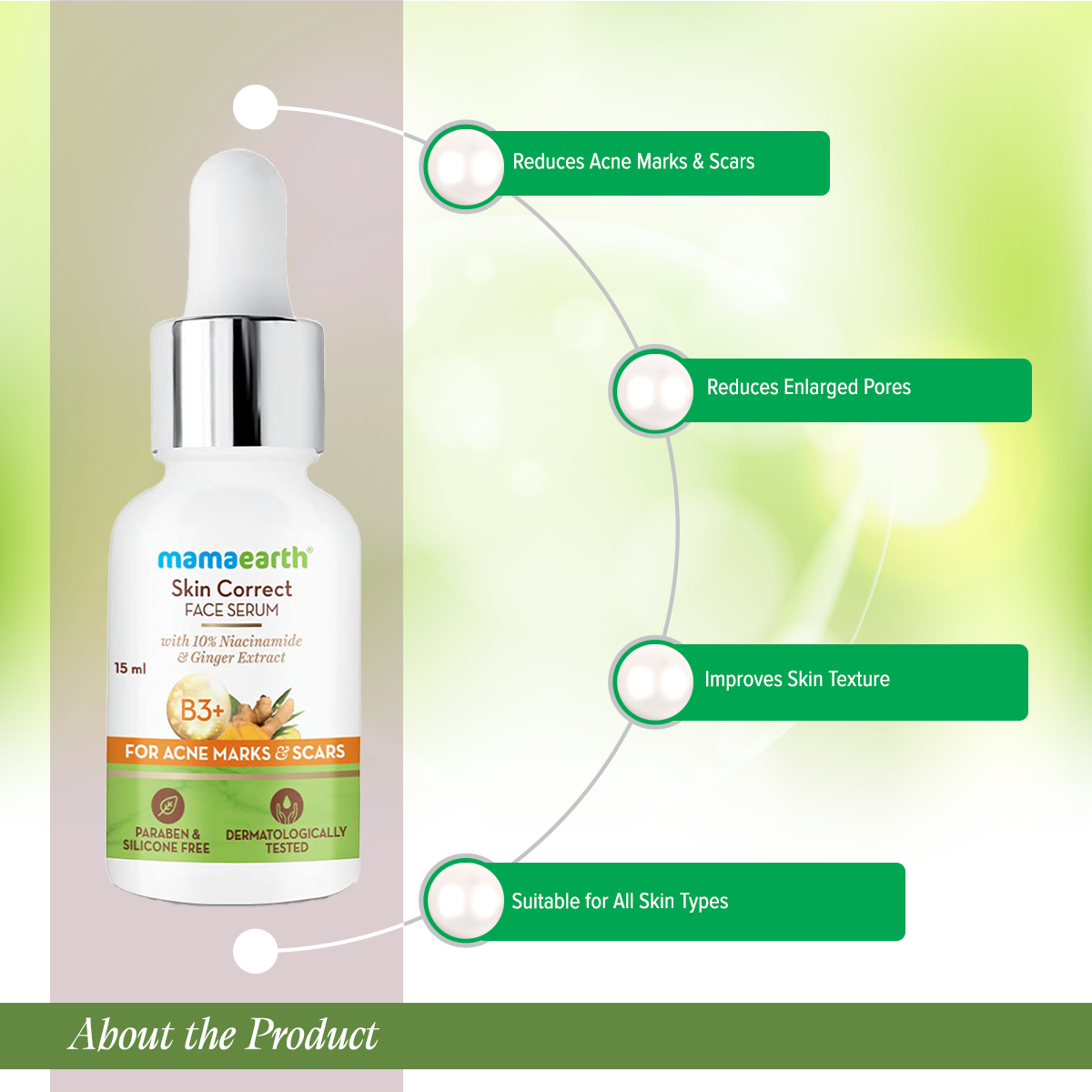 Mamaearth Skin Correct Face Serum with Niacinamide and Ginger Extract for Acne Marks & Scars - 30 ml. 