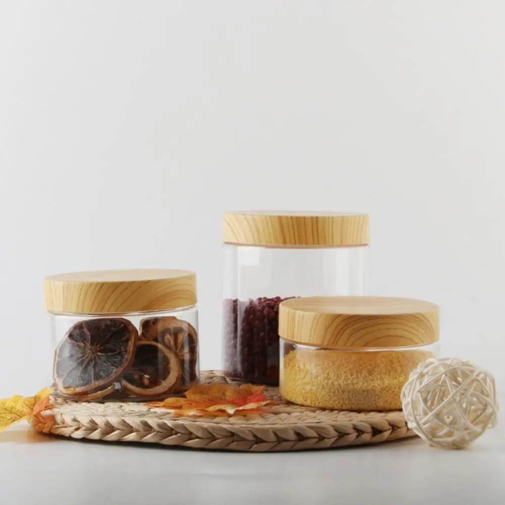 with Wood Texture Lid Clear Storage Jars Food Storage Container Wide-mouthed Moisture Proof Sealed Can Empty Transparent Seasoning Bottle Pet Food. 