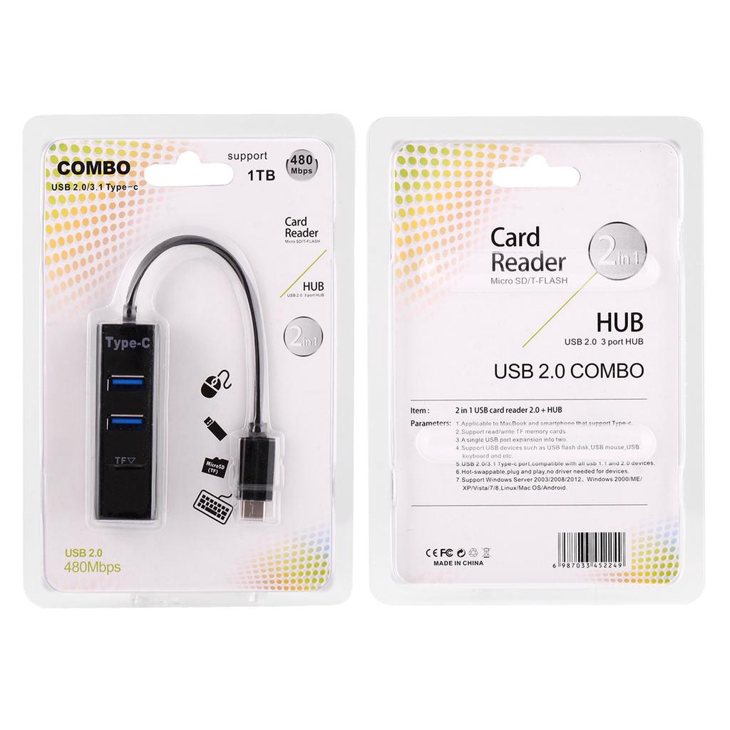 Type-C OTG USB 2.0 Hub 3 port Splitter Combo, SD/TF Card Reader. 