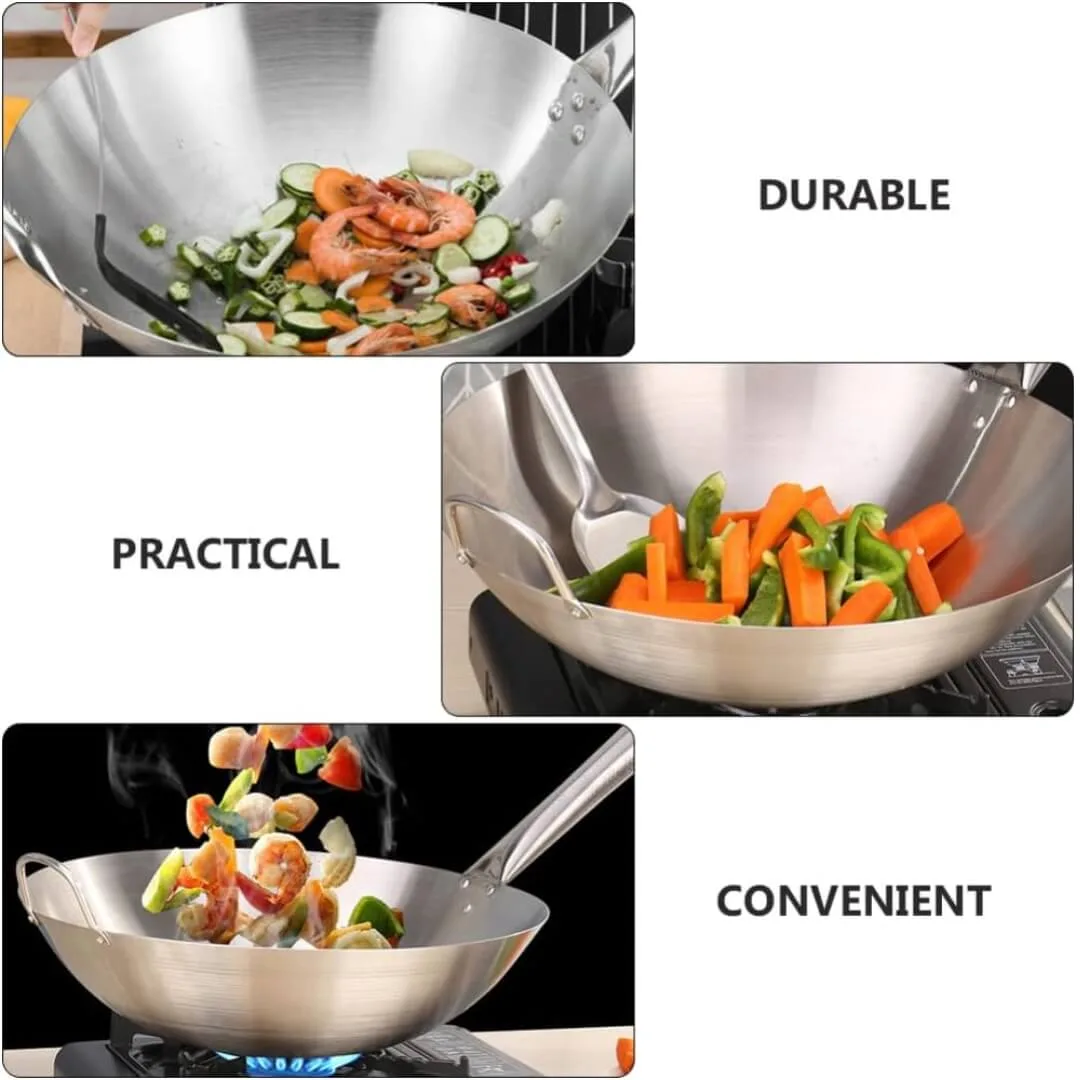 Dr cook pan ss steel wooden handle cooking pan Round Bottom Carbon Steel Wok Pan, Brushed Polished,Beech Anti-Scald Handle,Kitchen Cookware for Gas Stoves. 