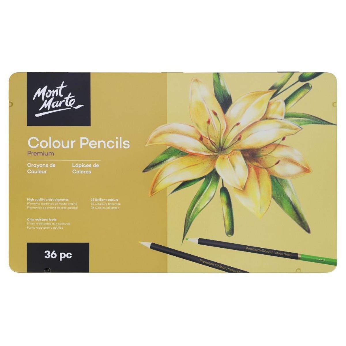 Mont Marte Colouring Pencils Set - 36 pieces of Coloured Pencils in a classy Metal Case - Ideal Crayons for colourful Drawings and vibrant Paintings - Perfect for Beginners, Professionals, Artists