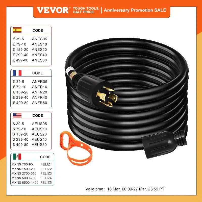 VEVOR Heavy Duty Generator Extension Cord 20FT 40FT 50FT 30Amp Weatherproof Emergency Twist Lock SJTW Power Cable for Outdoor|n