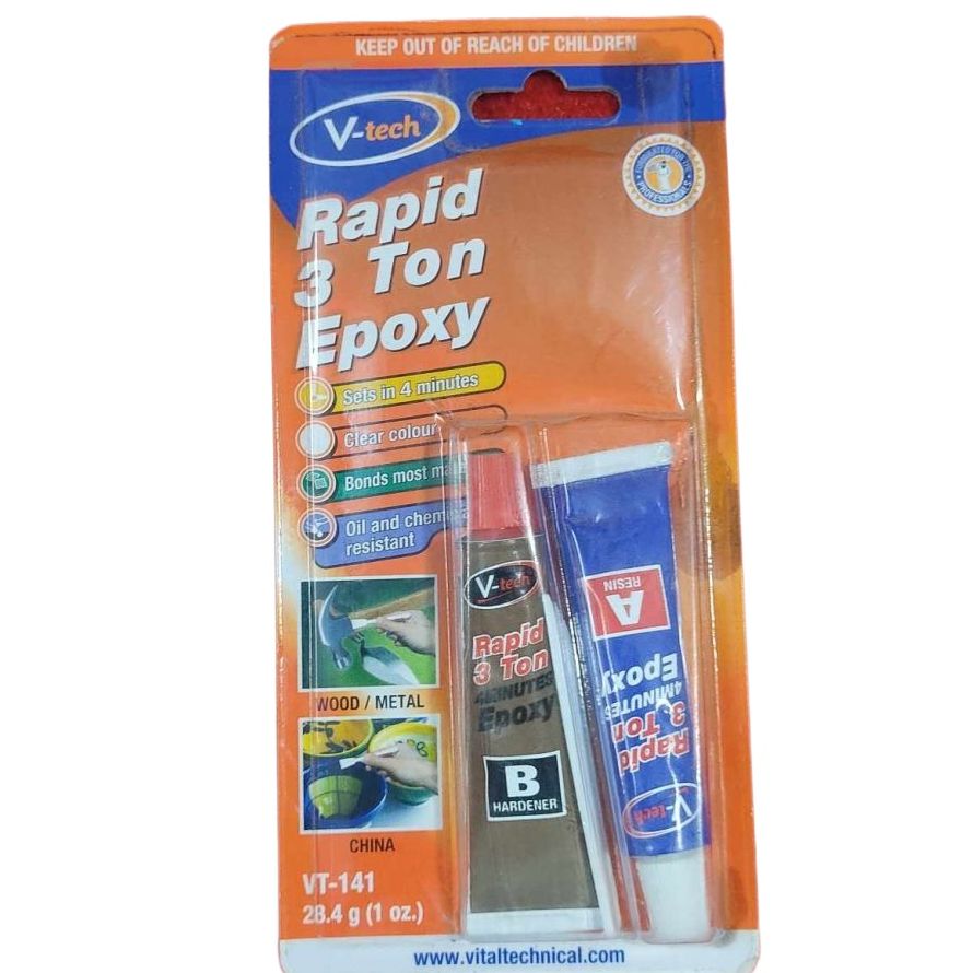 VT-141 Vtech Rapid 3 Ton 4 Minutes Epoxy Clear 28.4gm 4 Minute Negative Positive Epoxy V-TECH RAPID 3 TON EPOXY Adhesives AB Epoxy Adhesives A Resin B Hardener
