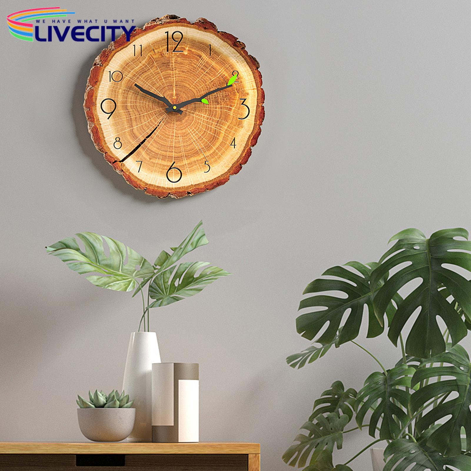 Tree Stump Wall Clock Rustic 12 Inch Wood Grain Wall Clock Silent Quartz Movement Battery Powered Unique Tree Stump Design Arabic Numerals Perfect for Southeast Asian Homes Mdf Wall Clock