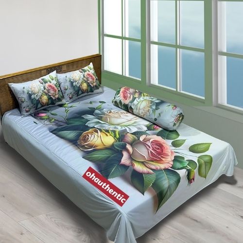 Luxurious King Size 3D Bed Sheet with 2 Pcs Head Pillow and 1Pc Side Pillow Cover Full Combo. 
