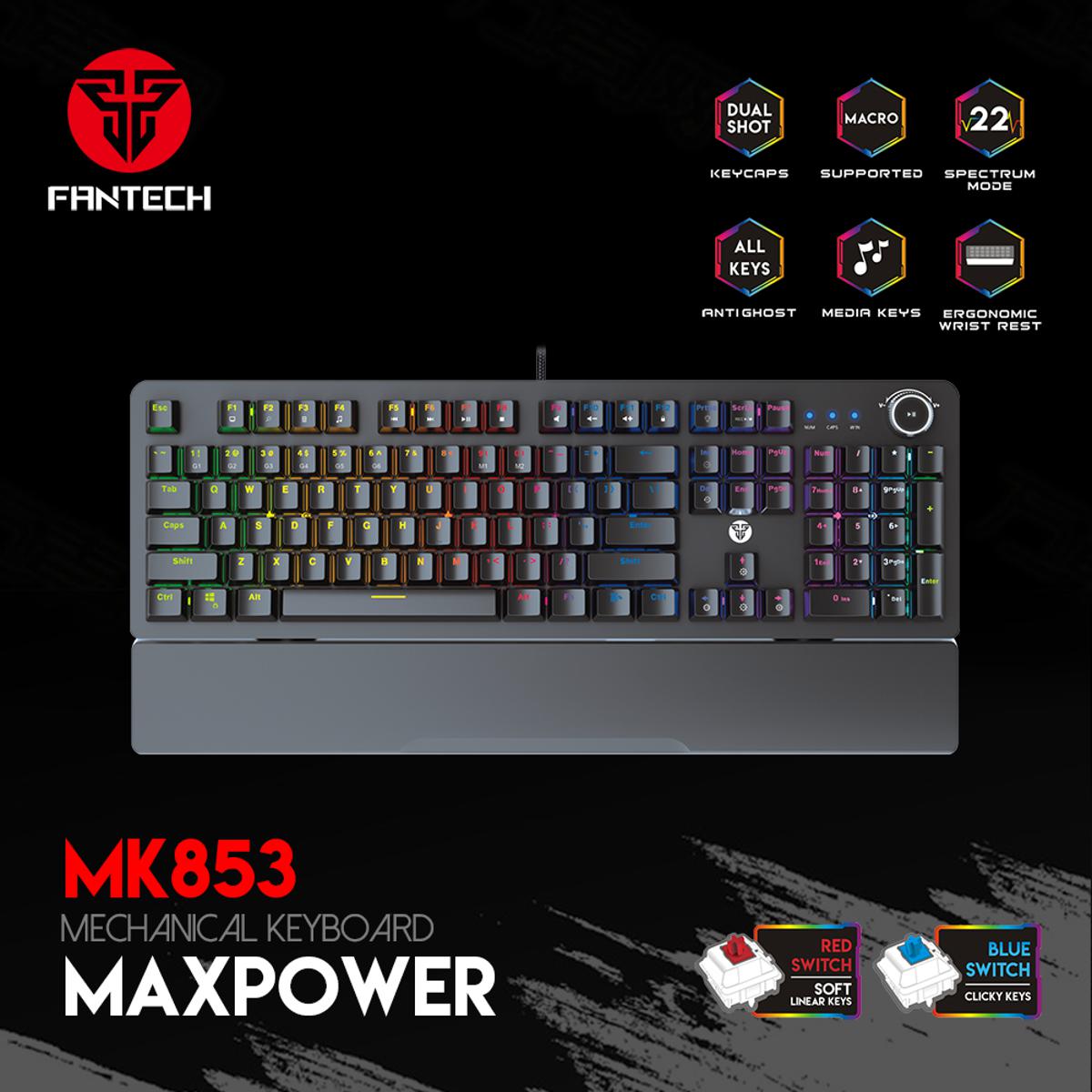 FANTECH MK853 Mechanical Keyboard Blue/Red Switch Ergonomics Backlit USB Wired Gaming Keyboard With Hand Rest For Laptop PC. 