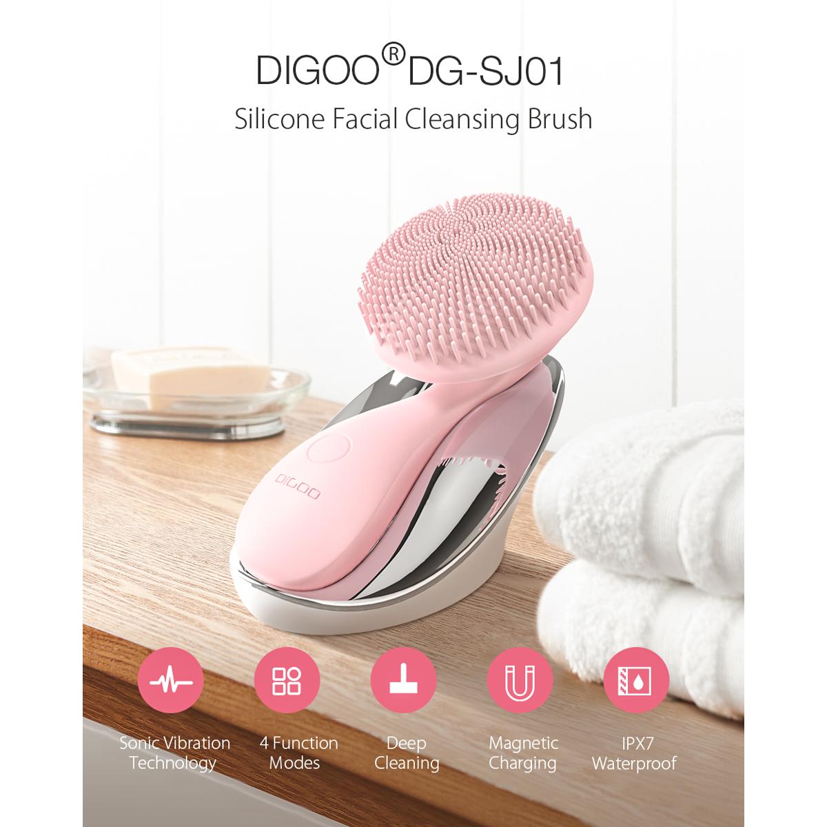 DIGOO SJ01 Silicone Ultrasonic Facial Cleansing Brush Face Body Cleanser 4 Function Modes with Rotating Magnetic Beads Skin Rejuvenation Deep Cleaning