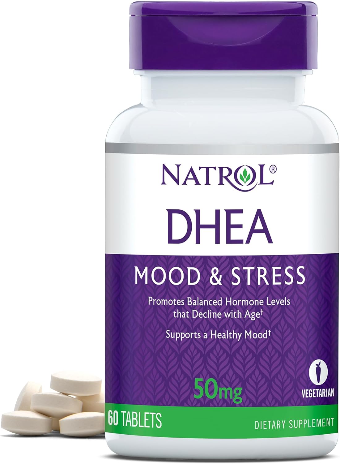 Natrol Mood & Stress DHEA 50mg with Calcium, Dietary Supplement for Balance of Certain Hormone Level and Mood Support, 60 Tablets