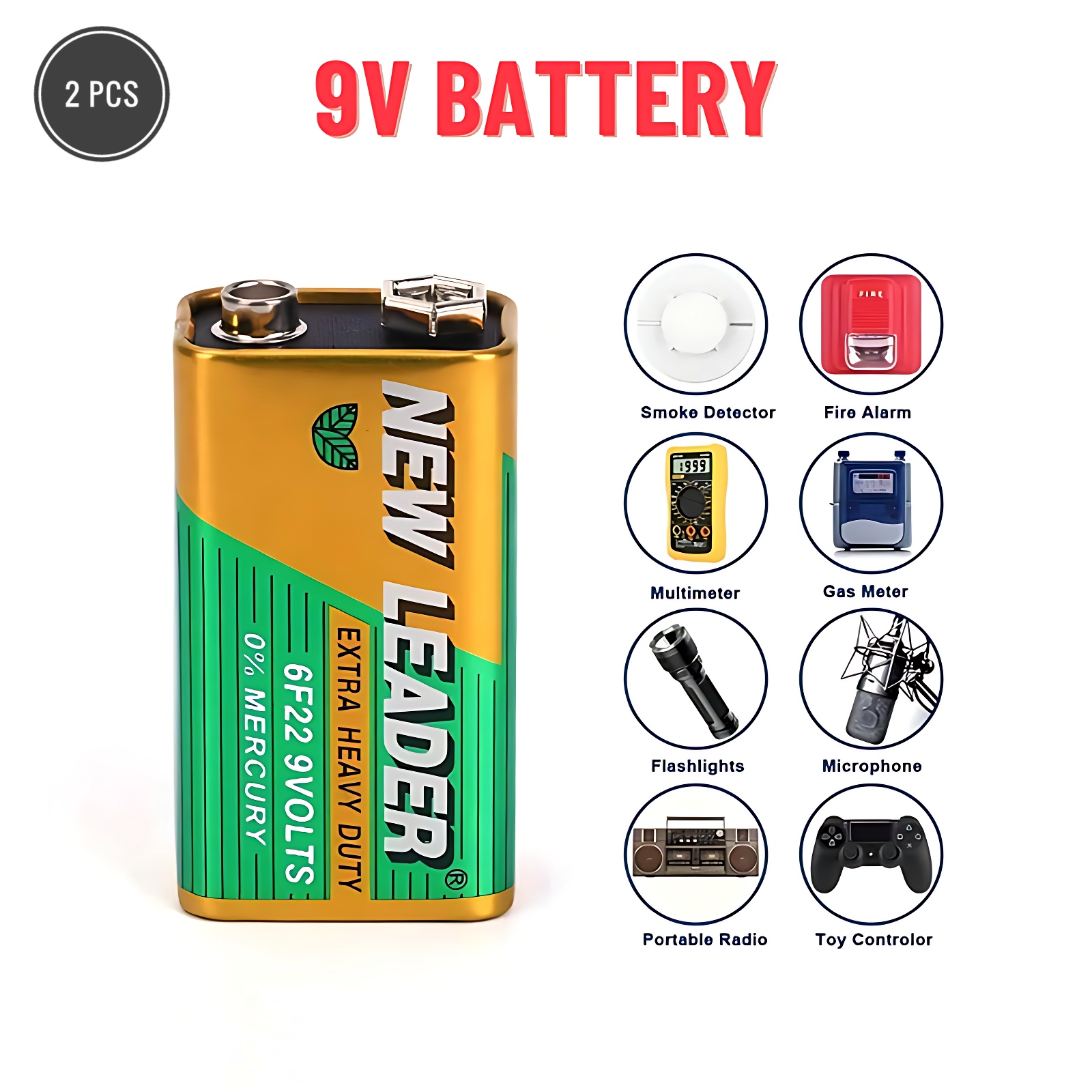 New Leader 6F22 9V Extra Heavy Duty 0% Mercury Non Rechargeable Battery - 2 Pcs. 